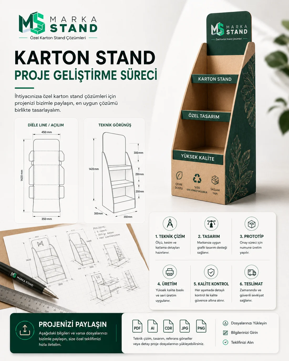 MARKA STAND tarafından üretilmiş premium yeşil raflı karton teşhir standı örneği