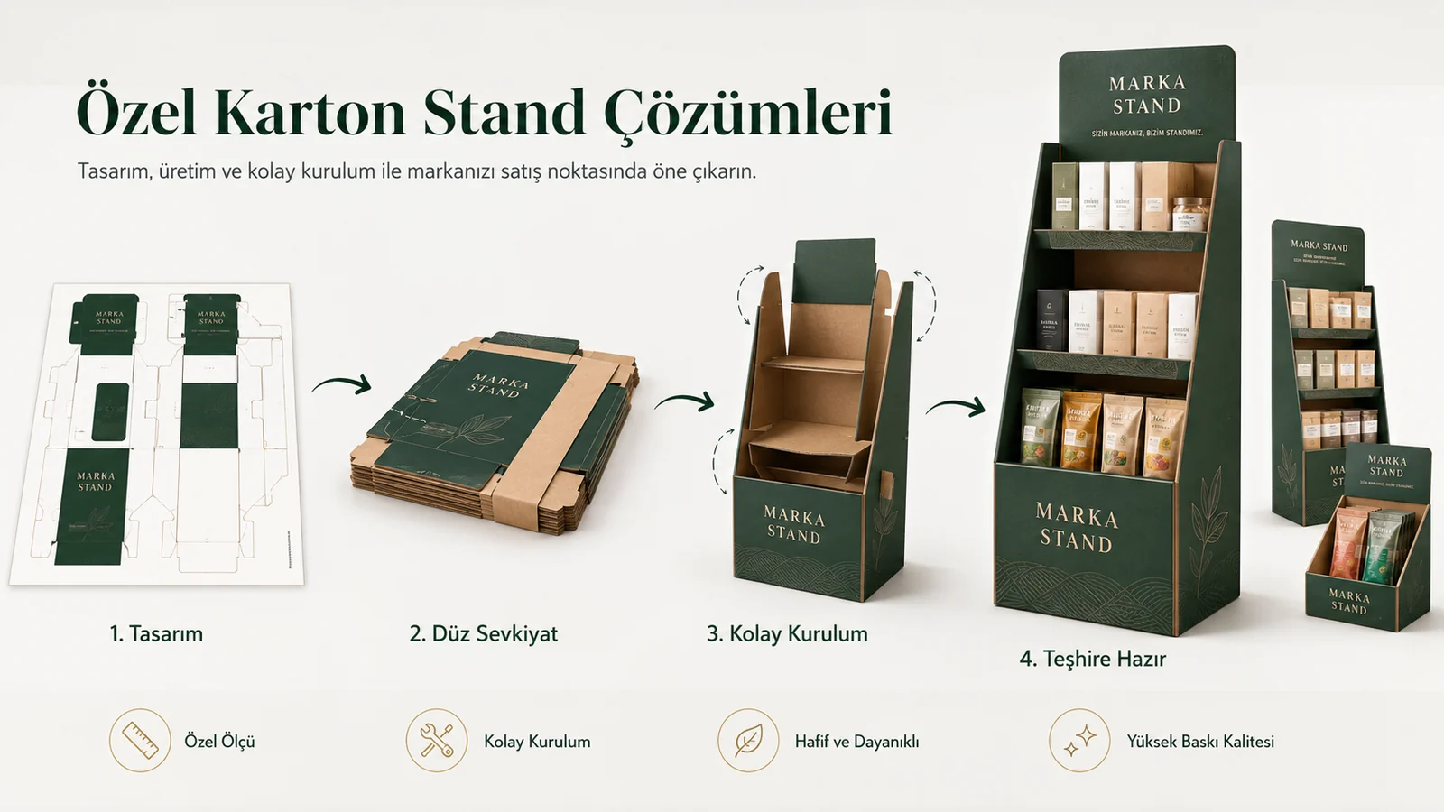MARKA STAND özel karton stand çözümleri — yeşil ve altın detaylı raflı teşhir standı